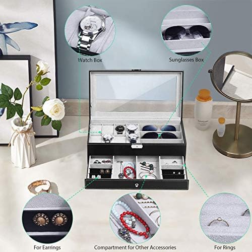 קופסת שעון של Hewady, קופסת אחסון תכשיטים, תיבת תצוגה תכשיטים יכולה להיות נעולה על ידי זכוכית ועור PU,