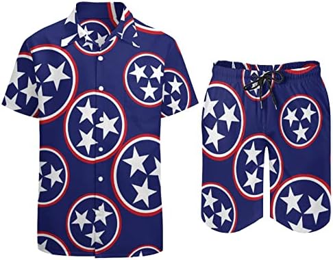 דגל טנסי אמריקאי בן 2 חלקים תלבושות חוף חוף כפתור הוואי למטה חולצה עם שרוול קצר וחליפות מכנסיים קצרים