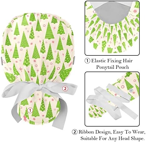 כובעים רפואיים לנשים עם כפתורים שיער ארוך, כובע עבודה מתכוונן 2 חלקים, דפוס ערב ירוק עץ חג המולד