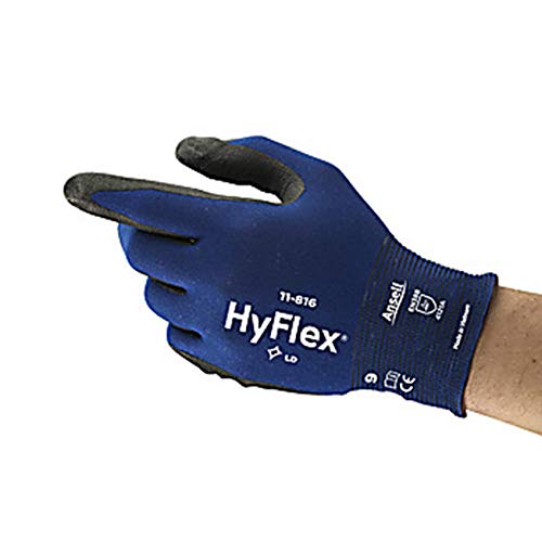 Ansell 11816090 Hyflex Light Duty כפפה תעשייתית רב תכליתית, ציפוי ניטריל קצף, 18 מד, סריגה, שחור/כחול,
