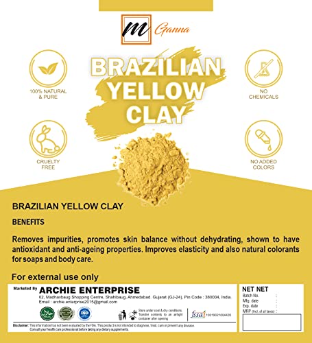 MGANNA אבקת חימר צהובה ברזילאית טבעית לאנטי-אייג'ינג ועור, קרמים וסבון מייצרים 100 גרם 0.22 קילוגרמים