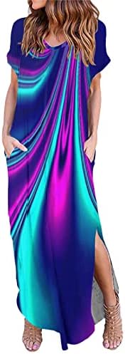 שמלות לנשים בוהמי פרחוני הדפסת שרוול קצר צוואר פיצול קיץ מזדמן יולדות כיס מקסי ארוך שמלה