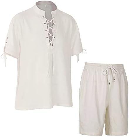 פשתן לגברים של ציאסואה תחרה שודרת דו-חלקית עם חולצה עם שרוולים קצרים ומכנסי קיץ מזדמנים של מכנסי חוף